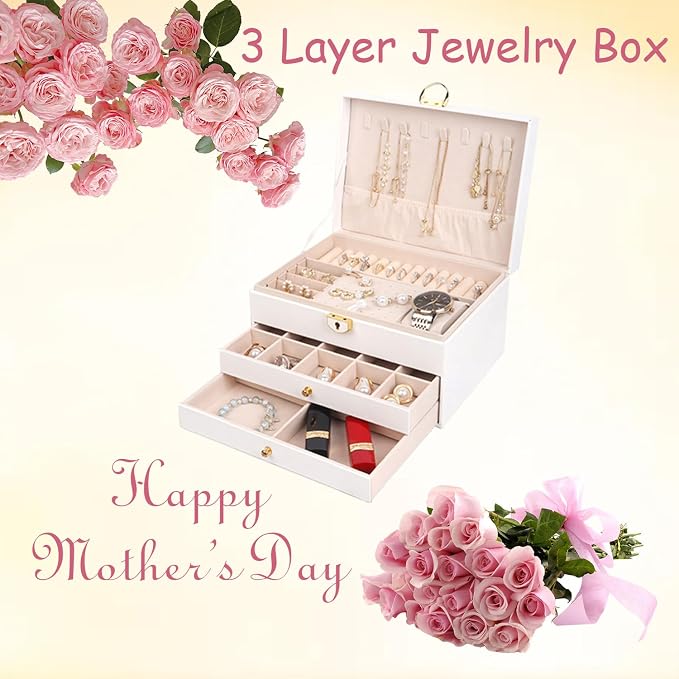 3 Layer Jewelry Box Organizer with Drawers, Lockable PU Leather Jewelry Storage Case for Mothrer's Day gifts Necklace Earring Ring Bracelet Watch, White - Image 2