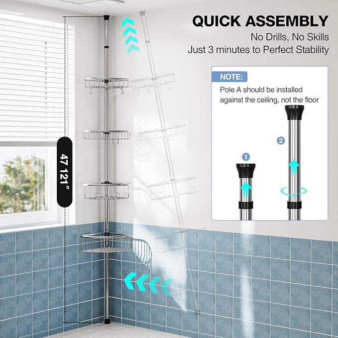 Corner Shower Caddy Tension Pole: Stainless Steel Rustproof 4-Tier Shower Organizer - 47-121 inch Adjustable Bathroom Shelves for Bathtub Shampoo Storage - Tension Rod Floor Standing Bath Rack - Image 6
