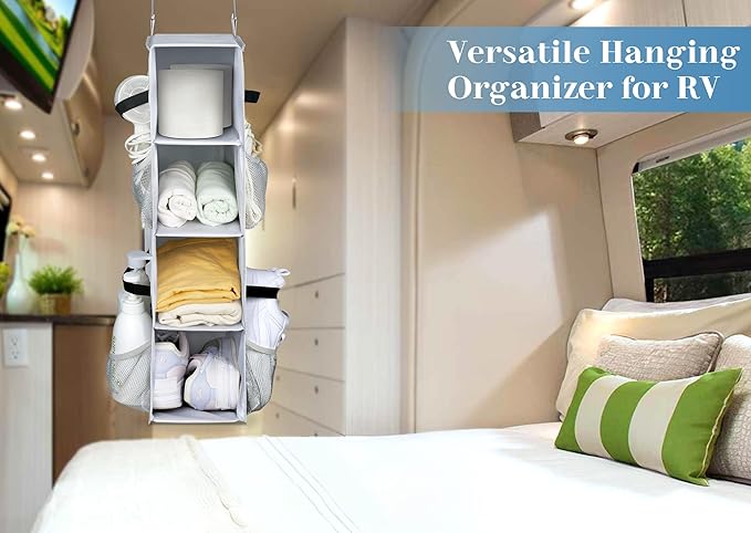 SLEEPING LAMB Short Hanging Shoe Organizer for Closet Storage with Mesh Side Pockets Holds 8 Pairs, Hanging Shoe Rack Hanger RV, Camper, Grey - Image 4