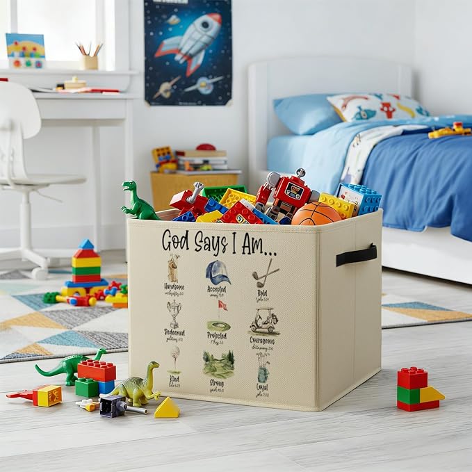 Christian Golf Storage Bin Box with Handles, God Says I Am Bible Verse Golf Foldable Baskets Organizer for Kids Room Nursery Bedroom Bathroom Clothes Toys Books, Toybox for Boys - Image 4