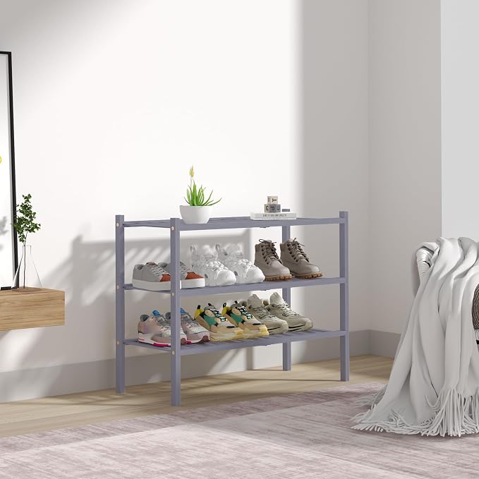ROMGUAR CRAFT 3 Tier Bamboo Shoe Rack for Closet Free Standing Wood Shoe Shelf Storage Organizer for Entryway Small Space Stackable 27"x11"x20" (Grey) - Image 7