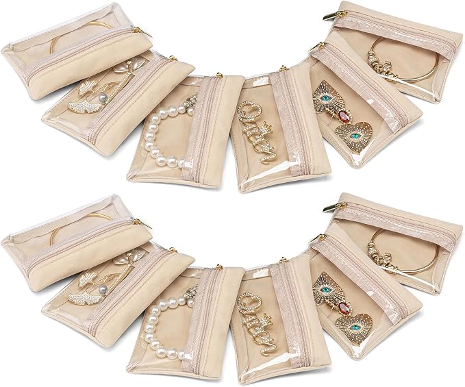 VLANDO Jewelry Travel Case,Travel Jewelry Organizer with Clear Velvet Jewelry Bags Zipper Pouch for Women Girl Gift 12Pcs Bag by VLANDO