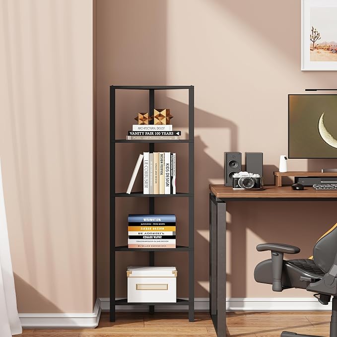 TUTOTAK Corner Shelf, 5-Tier Corner Bookshelf for Small Space, Narrow Display Corner Shelf Stand with Storage Rack, for Living Room, Bedroom, Black BS05BK005 - Image 5