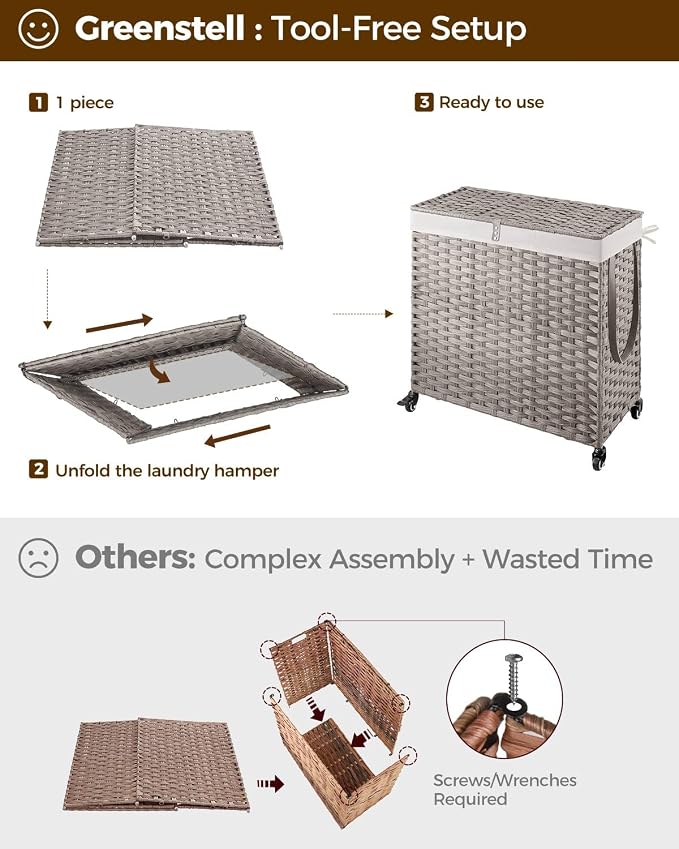 GREENSTELL Laundry Hamper with Wheels&Lid, 130L Large 3 Sections Clothes Hamper with 2 Types Removable Liner Bags, 5 Mesh Laundry Bags, Handwoven Divided Laundry Basket Gray - Image 7