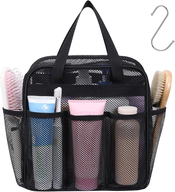 F-color Mesh Shower Caddy Portable with Zipper - Upgrade Deeper 7 Pockets Dorm Room Essentials for Guys Girls with S Hook, Shower Bag Basket Tote for College Camping Toiletry Bathroom, Black by F-color