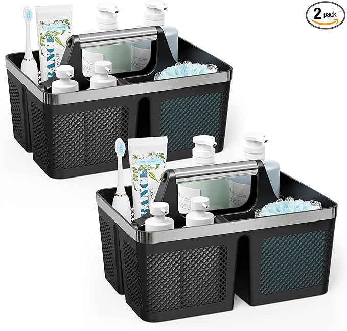 BYUNER 2Pack Shower Caddy Dorm: Portable Bathroom Caddy Organizer with Handle, Plastic Hard Shower Basket Storage Tote for Toiletry, Drainage, College Dorm Room Essentials, Black by MakesYourHomeMoreOrganized
