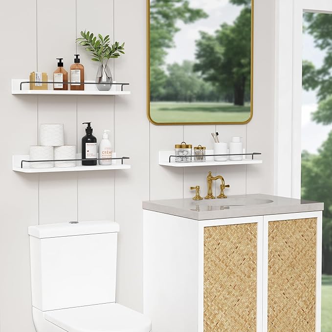 Forbena White Floating Shelves Bathroom Shelves Over Toilet Set of 3, Bathroom Organizers and Storage Shelves Wall Mounted, Modern Wood Corner Wall Shelf for Bedroom Closet -White and Dark Grey - Image 2