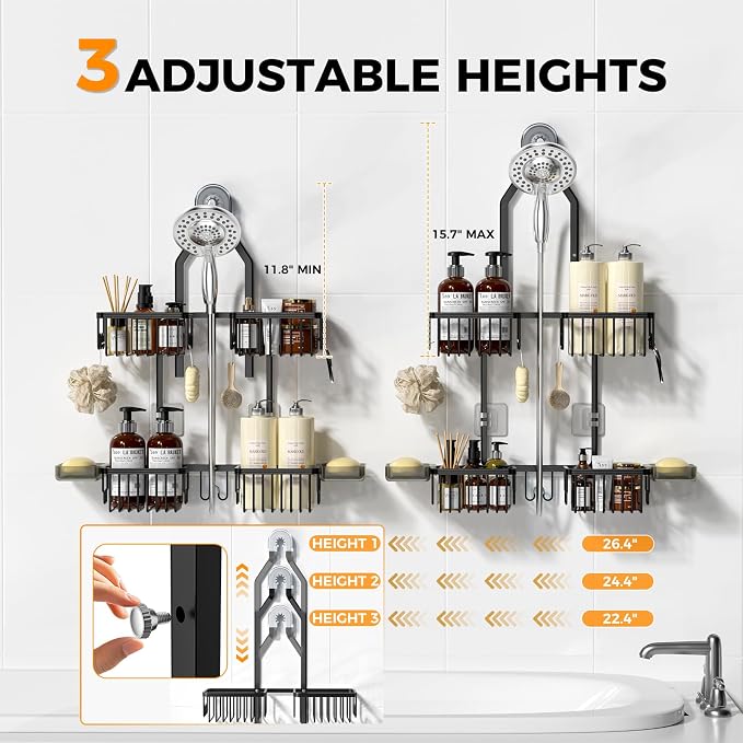 REINHARDT Aluminum Shower Caddy Hanging Adjustable Shower Caddy, Rustproof Hanging Shower Organizer with Hooks Soap Holders, Over Shower Head Caddy for Handheld Showerhead, Black - Image 2