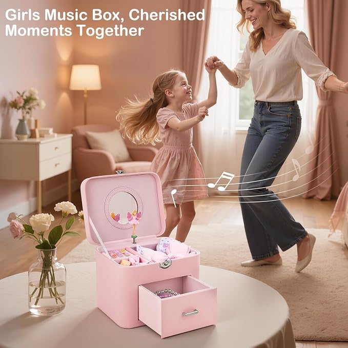 Basumee Musical Jewelry Box for Girls PU Leather Music Box with Drawer Large Kids Jewelry Organizer with Unicorn/Ballerina Jewelry Storage for Little Girls Ages 3–10, Birthday & Holiday Present - Image 7