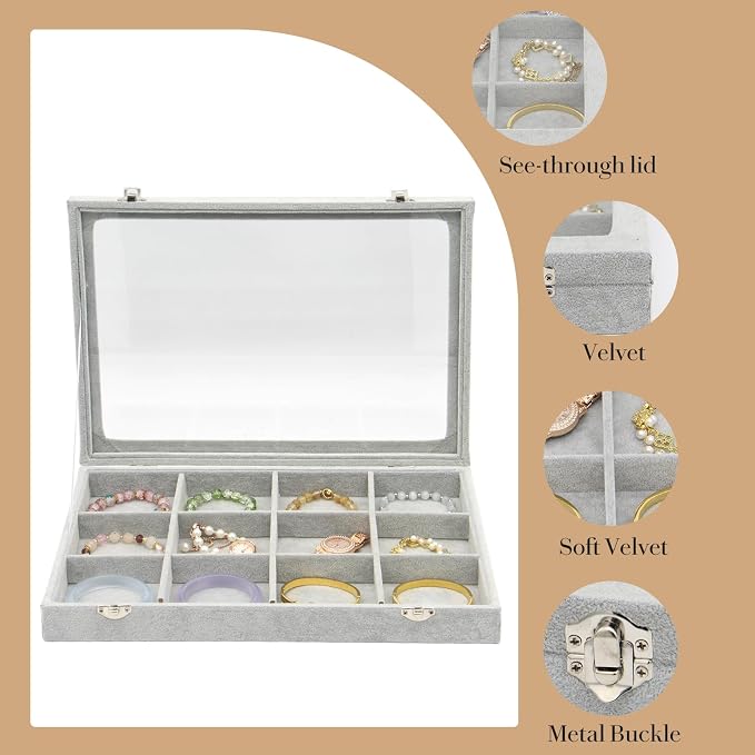 KOOAAICCHI Jewelry Organizer Bracelet Organizer Storage Box 12 Grid Stackable Jewelry Tray with Lid Velvet Jewelry Box Case Organizer for Home Drawer Desk or Store Selling Show(Velvet Grey) - Image 3