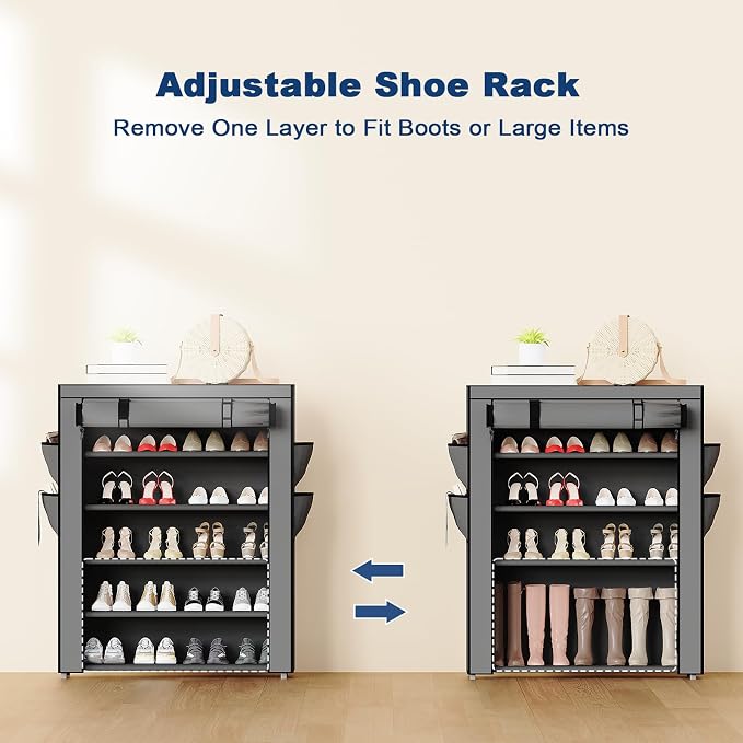 Mavivegue Shoe Rack with Cover, 5 Tier Shoe Organizer for Entryway, Shoe Storage for Front Door Entrance, Closet, Garage, Grey - Image 4