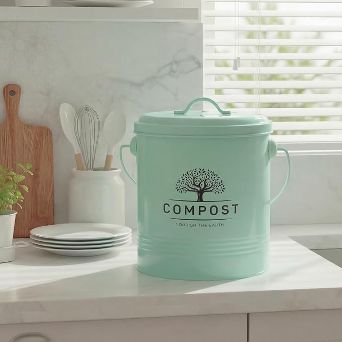 Perfnique Kitchen Compost Bin, 1.3 Gallon Countertop Compost Bin with Lid, Indoor Compost Bucket Includes Inner Bucket Liner and Carbon Filter, Small Compost Bin with Trash Bags (with Bags, Mint) - Image 8