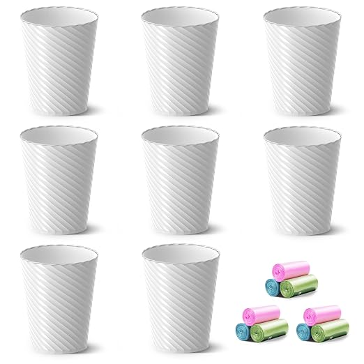 Lysam Bathroom Trash Can, 8 Pack 1.8 Gallons Small Trash Can with Trash Bags, Bathroom Garbage Can, Plastic Trash Bin, Round Waste Basket for Bedroom, Office, Kitchen, Room, Compact Space (White) by Lysam