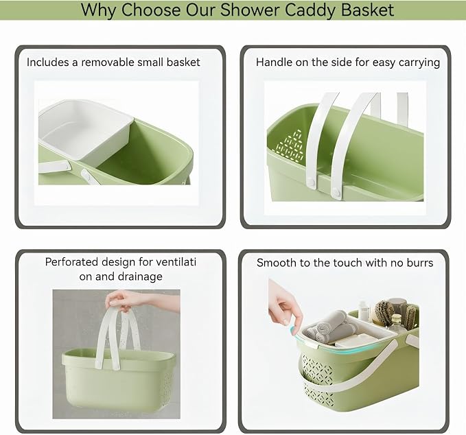 Pulseplay Plastic Organizer Storage Basket with Handles Portable Large Capacity Shower Caddy Basket with Drainage Holes for Bathroom Living Room College Dorm Room (Green) - Image 2
