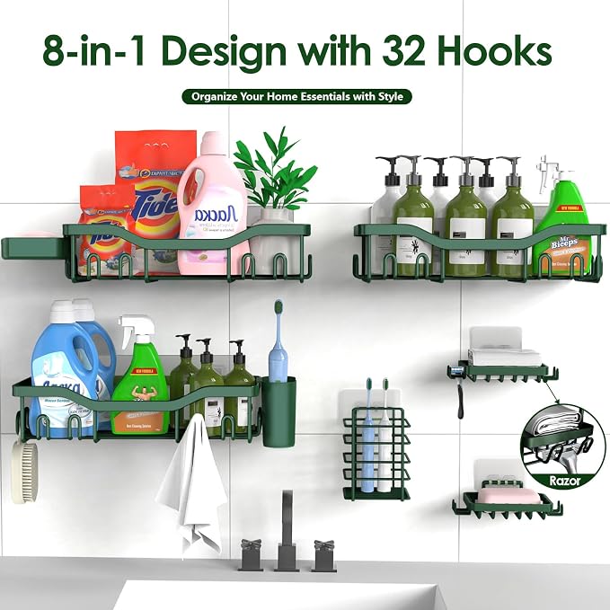 NESOMI Shower Caddy Adhesive Shower Organizer 8-Pack, Rustproof Stainless Steel Bathroom Shelves, Large Capacity No-Drill Rack Storage Accessories with Soap Dish Toothbrush Holder Hooks - Image 7
