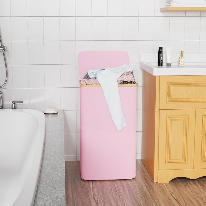 SUOCO Laundry Hamper with Lid, 29 Gal (110L) Clothes Basket with Bamboo Handles, Large Foldable Laundry Hamper for Bedroom, Bathroom, Dorm, Laundry Room - Pink - Image 3