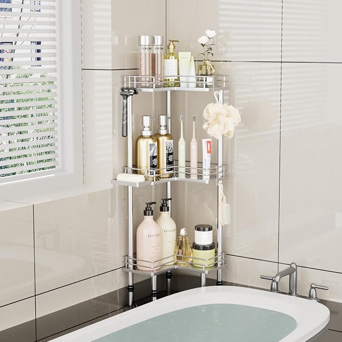 Consumest Corner Shower Caddy Standing - 3-Tier Stainless Steel Shower Organizer with Soap Holder and 4 Hooks, Large Capacity Corner Shelf Stand for Bathroom, Rest Room, Silver - Image 7