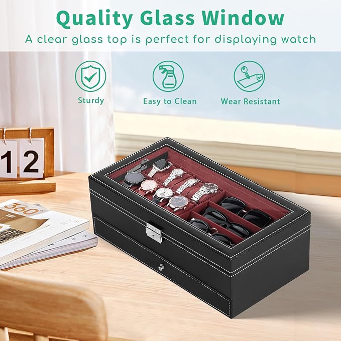 TomCare Watch Box 2-Tier Watch Case Jewelry Organizer Box with Thick Glass Lid Lockable Watch Organizer Jewelry Display Holder Sunglass Rings Necklaces Bracelets Storage Organizer for Men Women - Image 5