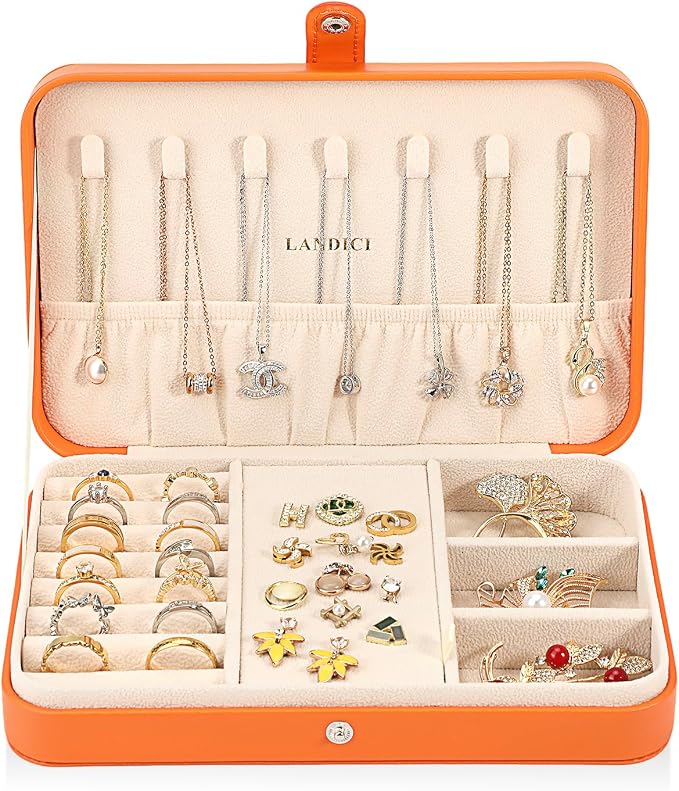 LANDICI Small Jewelry Box for Women Girls, PU Leather Travel Jewelry Case, Portable Jewelry Organizer Storage Holder Display for Ring Earrings Necklace Bracelet Bangle Men Kids Gift, Orange - Image 2