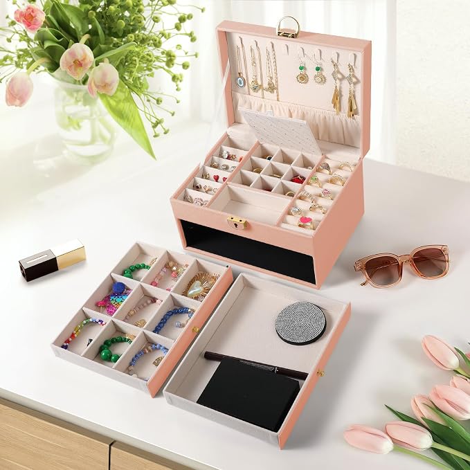 coobest 3 Layer Jewelry Box, Jewelry Holder with Lockable Drawer, Large Jewelry Boxes & Organizer with Velvet Earring Holder, Gifts for Mom Women - Image 4