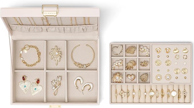 VLANDO 2 Layer Jewelry Box Large Jewelry Organizer for Women Removable Jewelery Tray for Necklace Earrings Rings Bracelets Mothers Gifts for Mom Wife (Light Pink) - Image 8