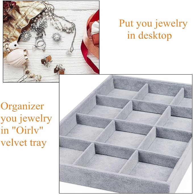 Oirlv Velvet Stackable Jewelry Display Trays 12 Grids Rings Earrings Bracelet Organizer Storage Tray(13.8"x1.29"x9.4") - Image 8