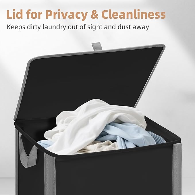 STORAGE MANIAC Rolling Laundry Hamper with Lid, 23.7 Gal (90 L) Large Tall Laundry Basket with Wheels & Handles, Aesthetic Dirty Clothes Hamper for Small Space, Dorm, Apartment, College, Black - Image 4