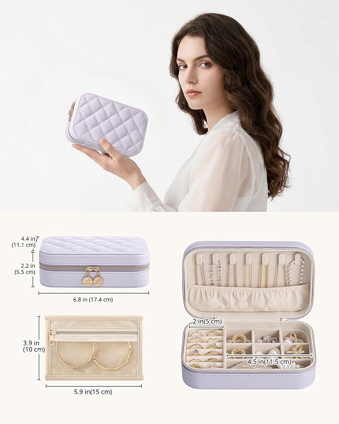 Lolalet Travel Jewelry Case for Women Girls, PU Leather Jewelry Organizer with Clear Storage Bag Small Portable Jewelry Box for Necklace Bracelet Earring Ring Mothers Day Birthday Gifts -Medium/Purple - Image 5