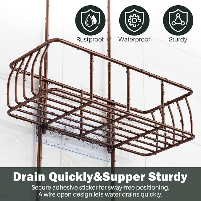Epicano Shower Caddy Hanging, Anti-Swing Over Head Shower Caddy Rustproof with hooks for Towels, Sponge and more, Bronze - Image 3