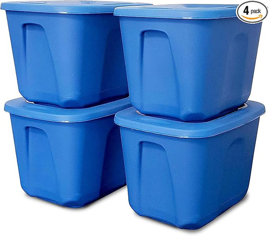 HOMZ 4-Pack Durable Molded Bin, Plastic Storage Containers w/Lids, 10 Gallon, Blue - Stackable Organizer Totes and Boxes for Bedroom, Kitchen, and Garage Organization