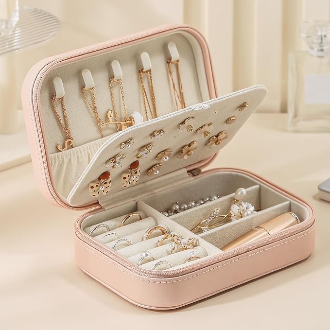 CASEGRACE Travel Jewelry Case, Double Layer Travel Jewelry Organizer for Necklace Earring Rings Jewelry Display Case for Women, Pink - Image 5