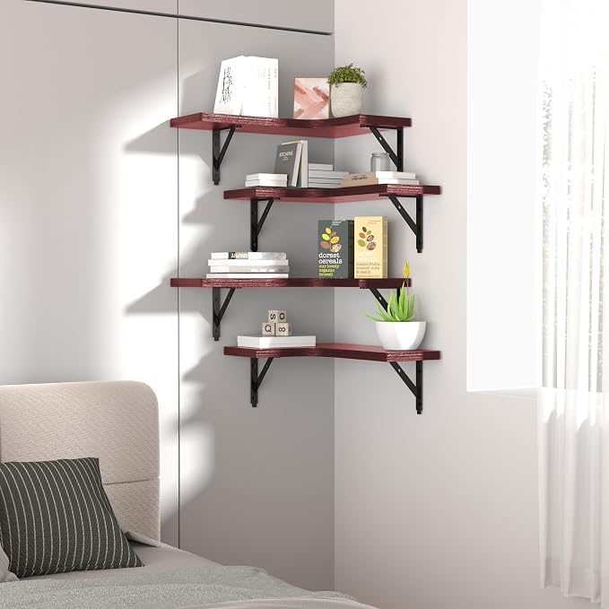 ROMGUAR CRAFT Corner Floating Shelves Wall Mounted Set of 4, Rustic Wood Storage Display Shelves for Home Decor, Bathroom, Kitchen, Bedroom, Living Room, Office (Red) - Image 7