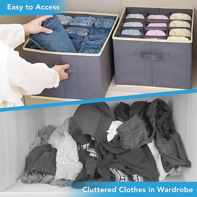 3 Pcs 12 Cell Large Size Pants Organizers for Clothes, Jeans, Sweater, T-shirt, Dress Stackable for Wardrobe Closet Drawer Organizer Storage Bin Container, Dark Grey - Image 5