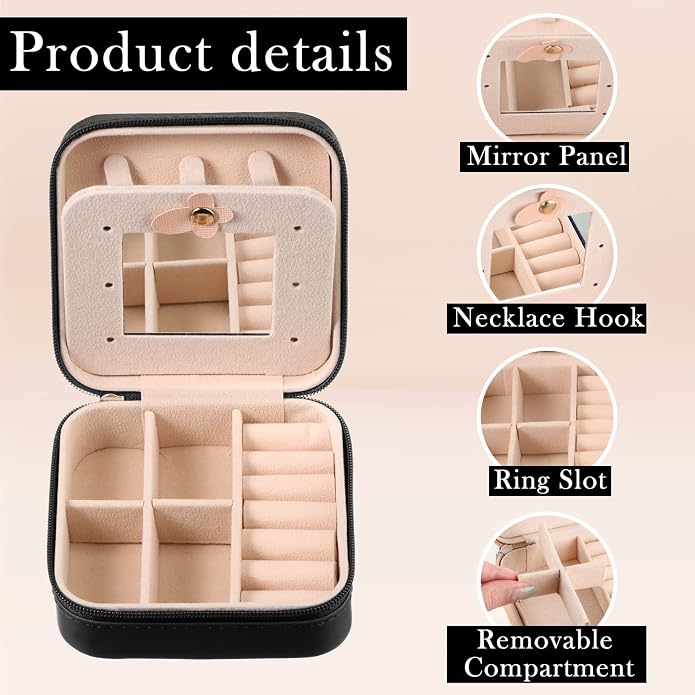 Hillban Bridesmaid Gifts Jewelry Box with Mirror, PU Leather Small Travel Jewelry Case Organizer Storage for Women Girls - Image 4