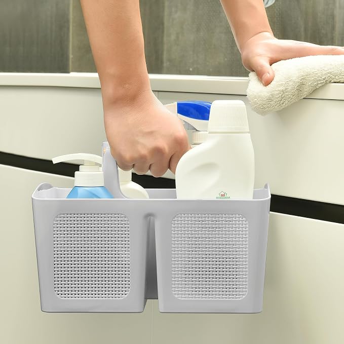 ALINK Portable Shower Caddy Basket with Compartments, Plastic Divided Cleaning Caddy Organizer Storage Tote with Handle for Bathroom, College, Dorm Room Essentials, Light Gray - Image 4