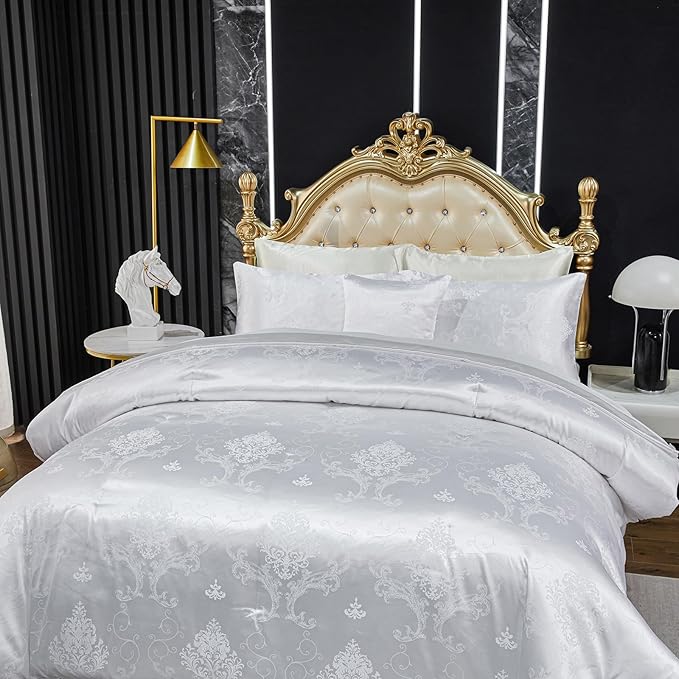 Jacquard Comforter Set White Sheet Set Satin Bedding Set Queen 8 Pcs Vintage Neoclassical Floral Bed Home Decor Soft Comforter Luxury Hotel Silky Bed in a Bag with 1 Cushion Cover