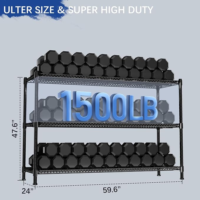 Heavy Duty Shelving, 47.6" H Garage Shelving Unit with Leveling Feet, 3-Tier Adjustable Garage Storage Shelves Metal Rack, Industrial Shelving for Warehaouse Storage, 60" W x 24" D x 47.6" H, Black - Image 3
