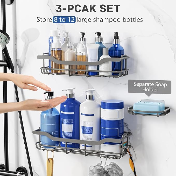 OMAIRA 3-Pack Shower Caddy with Soap Holder, Adhesive Rustproof No-drill Strudy Loading Inside Shower Organizer Shelves Rack Storage Bathroom Organization for Smooth Wall Glass Tile, Grey (X-Large) - Image 4