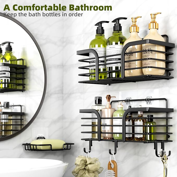 Yougai Shower Caddy, Shower Organizer with Soap Holder and Hooks, Rustproof Shower Shelves, No Drilling Bathroom Organizers and Storage, Wall-Mounted Kitchen & Home Decor (Black) - Image 3