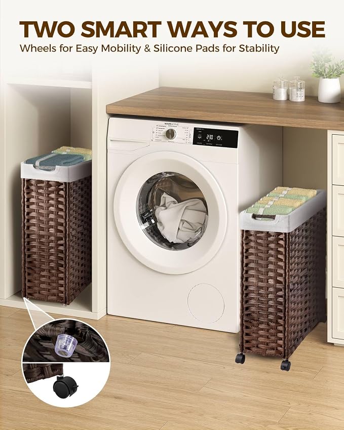 Greenstell Laundry Hamper with Wheels, 11.9 Gallon (45L) Small Clothes Hamper with 2 Removable Liner Bags & 2 Mesh Bags, Slim Rattan Laundry Basket for Bathroom, Bedroom, Brown - Image 2
