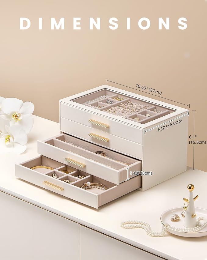 Lolalet Jewelry Box Organizer, 4-Layer Jewelry Organizers and Storage Case with Glass Lid, Ring Earring Bracelet Necklace Holder Organizer, Birthday Valentine Gifts for Women Girls -4Layer, Beige - Image 5
