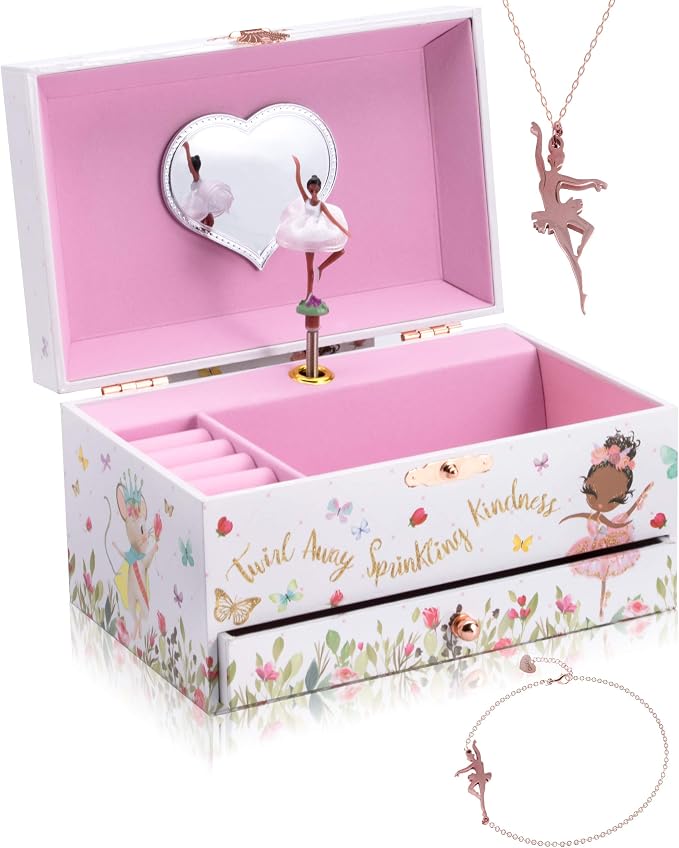 The Memory Building Co Black Ballerina Musical Jewelry Box Plays Classic Melody, Storage Organizer Music Box for Kids Ages 6-12 MDF Wood w/ 2 Fabric Lined Ring Bracelet Necklace Treasure Compartments by TheMemoryBuildingCompany