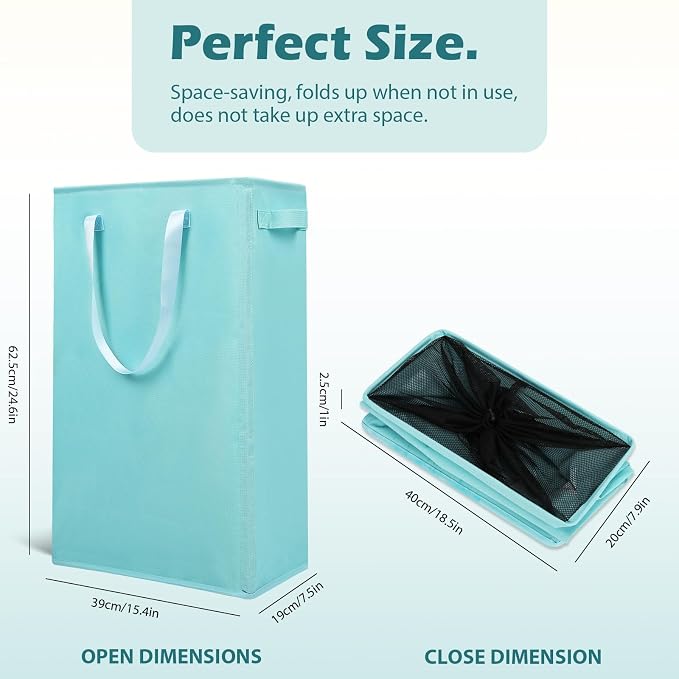 Odonata Slim Laundry Hamper Handles Collapsible Laundry Basket Thin Dirty Clothes Basket Narrow Laundry Bag Foldable Dirty Hamper 45L (Baby Blue) - Image 2