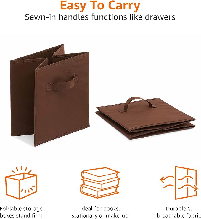 Amazon Basics Collapsible Fabric Storage Bins with Handles, Cube Organizer, Lightweight Fabric, 10.5"x10.5"x11", Brown, 6-Pack - Image 4