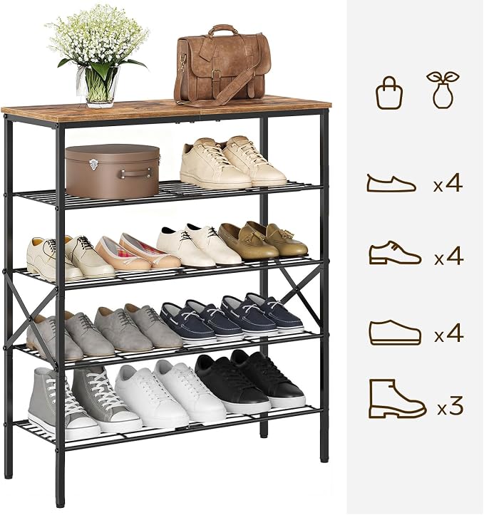 YATINEY 5-Tier Shoe Rack, Shoe Storage for Entryway and Closet, Free Standing Shoe Organizer with Metal Mesh Shelves, 16-20 Pairs of Shoes, Rustic Brown and Black SS05BR - Image 4