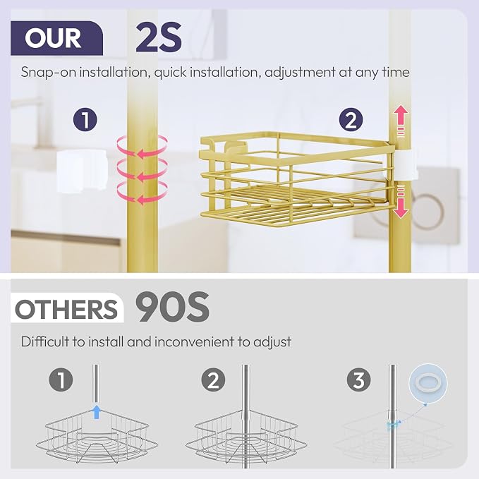 SWTYMIKI Shower Caddy Tension Pole - 4-Tier Corner Shower Organizer Tension Rod with Soap Holder, Toothbrush Holder & 4 Hooks, Adjustable Stainless Steel Bathroom Organizer 27.6 to 108.3 inch, Gold - Image 3