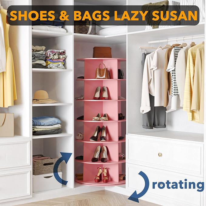SpaceAid 6 Tier Rotating Shoe Rack Tower, Spinning Shoe Display Lazy Susan, Revolving 360 Shoe Rack Storage Round Carousel, Vertical Handbag Rotate Shoes Closet Organization (6-Tier Pink) - Image 4
