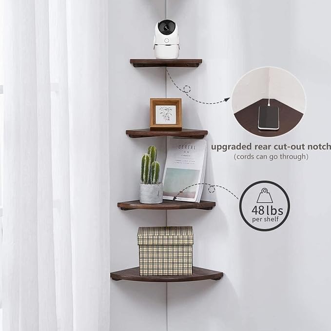 Corner Shelves, Floating Corner Shelf, Set of 2 Solid Oak Wood Wall Shelves, Round End Wall Mount with Wire Hole Shelving for Small Plant for Bedroom Kitchen, Living Room Walnut 8.7” - Image 4