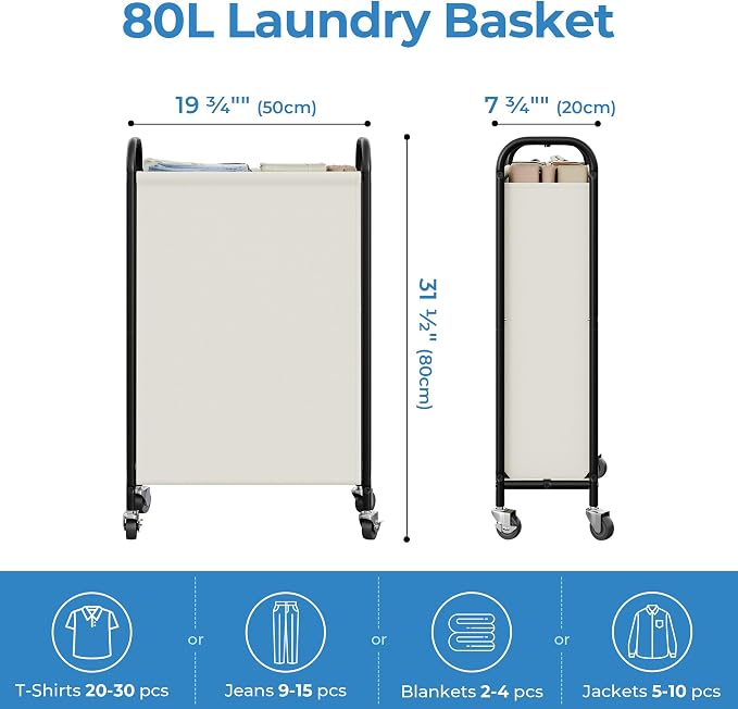 GRANNY SAYS 80L Slim Laundry Hamper with Silent Brake Wheels, Sturdy Metal Frame & Handle, Rolling Laundry Basket for Laundry Room, Bedroom, Bathroom, or RV – Great for Singles or Couples, Beige - Image 4