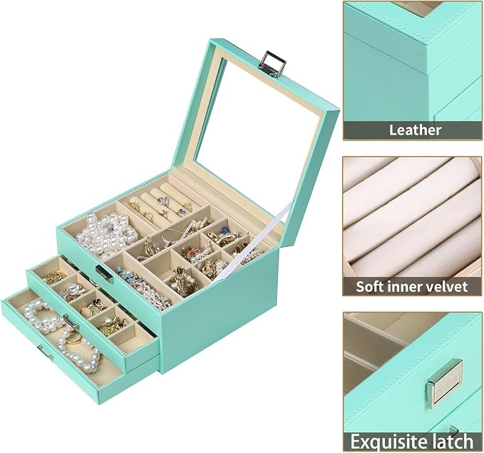 BOOVO Clear Lid Jewelry Box,3 Layers Jewelry Organizer Large Multi-Functional Jewelry Storage Box with 2 Drawers,Jewelry Display Case of Rings Earrings Necklace Bracelets for Women Girls (Turquoise) - Image 2